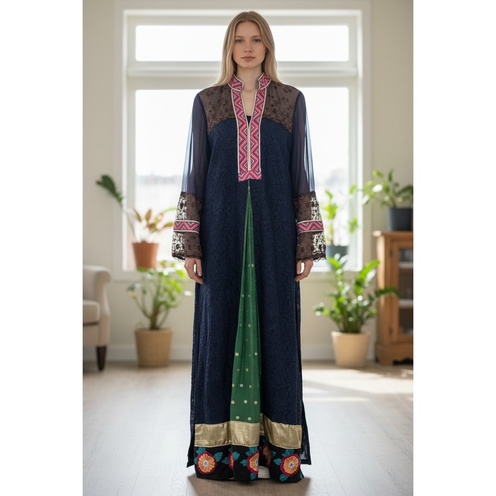 Vintage Navy Blue‎ Lace Kaftan Maxi Dress Renaissance Boho Ethnic Gown Small